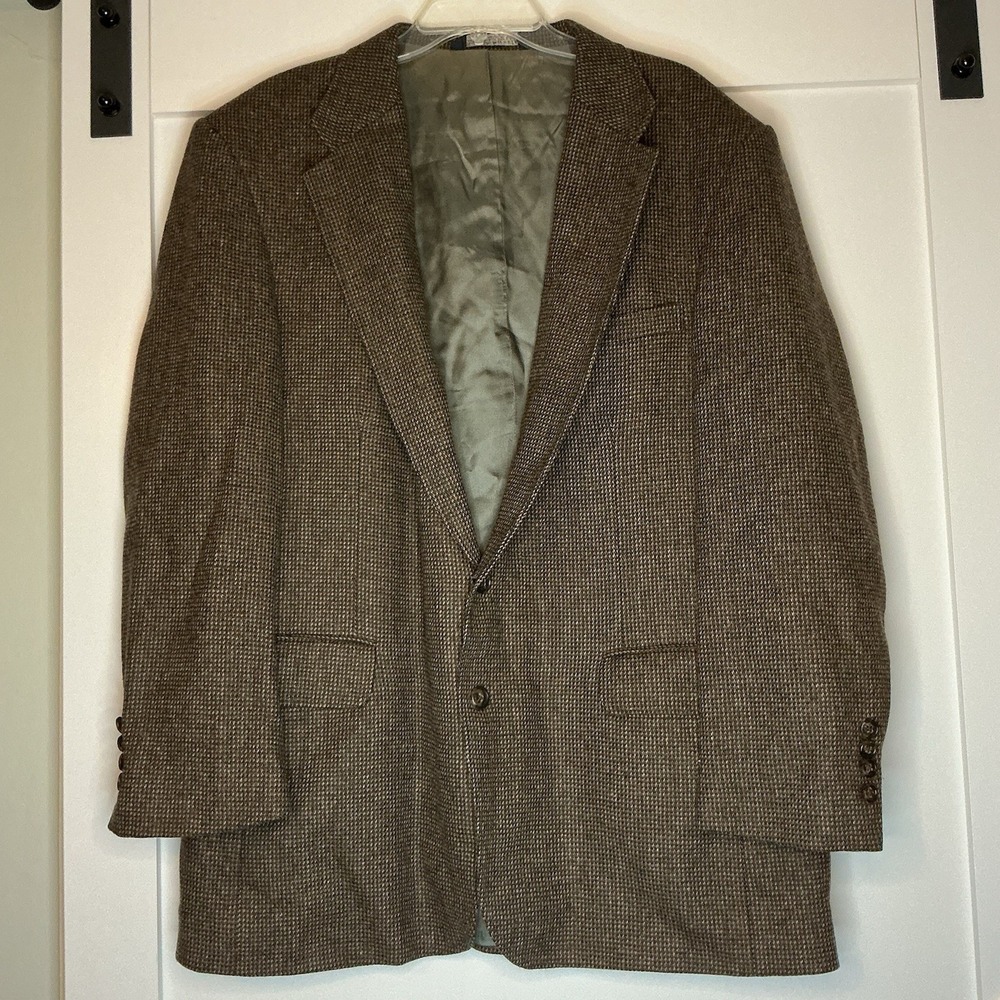VTG Lands End Blazer Mens 46L Brown Wool Herringbone Tweed Jacket Old Money USA